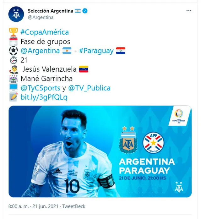 La selección argentina juega contra Paraguay este lunes 21 de junio. Foto: Argentina/Twitter