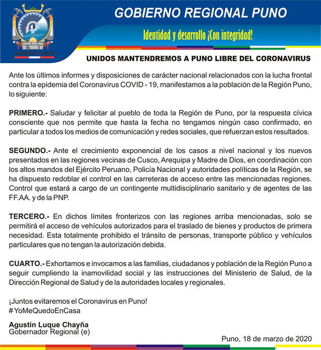 Comunicado Gobierno Regional de Puno.