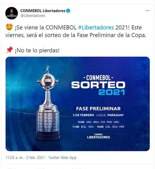 El primer Sorteo de la Copa Libertadores 2021 será este 5 de febrero. Foto: Libertadores/Twitter