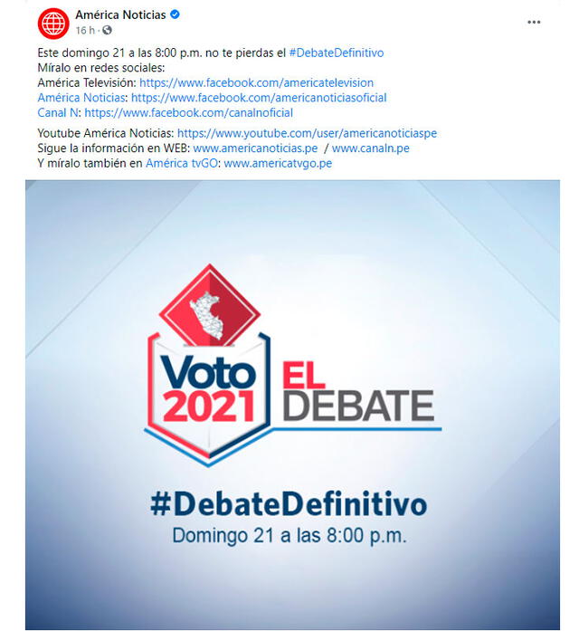 El Debate Presidencial de este domingo 21 de febrero inicia a las 8.00 p. m. Foto: América Noticias/Facebook
