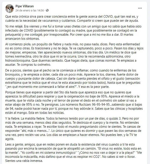 El testimonio del músico tras contagiarse de la COVID-19. Foto: captura/Facebook