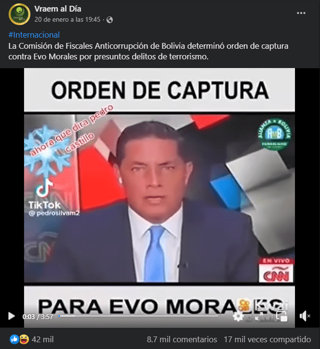  Esta supuesta noticia, por ejemplo, señala que se ordenó orden de captura contra Evo. Sin embargo, la información es de años atras. Foto: captura de Facebook   