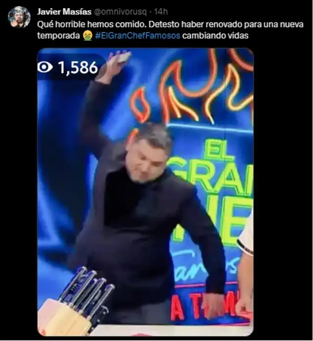Javier Masías se mostró arrepentido de seguir en<strong> ‘El gran chef: famosos’. </strong>Foto: Twitter Javier Masías se mostró arrepentido de seguir en<strong> ‘El gran chef: famosos’. </strong>Foto: Twitter