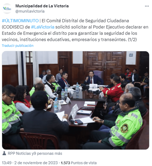  El alcalde de La Victoria se reunió con el Codisec. Foto: Twitter   