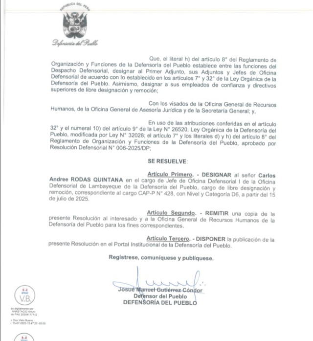 Designación de Rodas Quintana como jefe de la Oficina Defensorial de Lambayeque. Designación de Rodas Quintana como jefe de la Oficina Defensorial de Lambayeque.