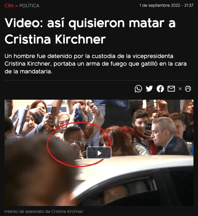 Publicación de C5N sobre el intento de asesinato a Cristina Kirchner. Foto: captura LR/C5N Publicación de C5N sobre el intento de asesinato a Cristina Kirchner. Foto: captura LR/C5N