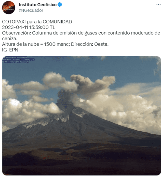  Volcán Cotopaxi: último reporte de actividad de hoy, 12 de abril. Foto: IGecuador/ Twitter   