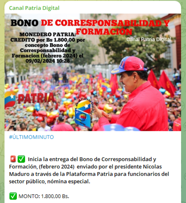 Nuevo Bono de la Patria de febrero 2024: COBRA HOY subsidio de 1800 bolívares mediante Sistema Patria | qué bono está cayendo | Nicolás Maduro | bono de corresponsabilidad febrero 2024 |bono especial para empleados públicos | mega bono