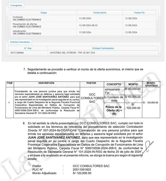 Proceso de adjudicación de la defensa legal del ministro Santiváñez. | Foto: La República.<br> Proceso de adjudicación de la defensa legal del ministro Santiváñez. | Foto: La República.<br>