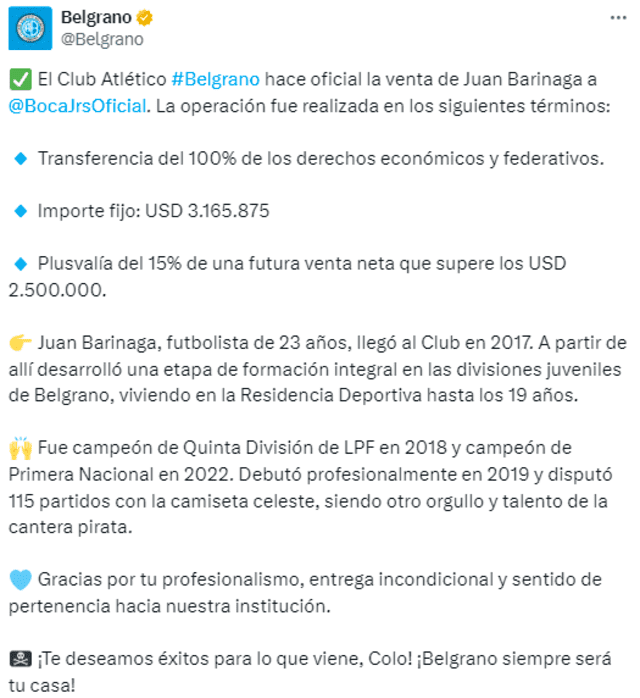  Detalles de la venta de Juan Barinaga a Boca Juniors. Foto: Twitter/Belgrano   