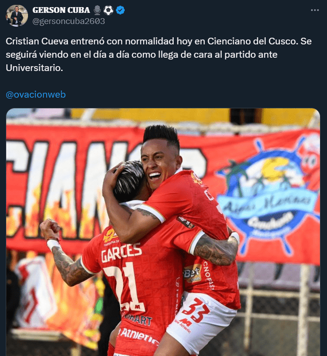 Christian Cueva llegó a Cienciano para el Clausura. Foto: X/Gerson Cuba.   