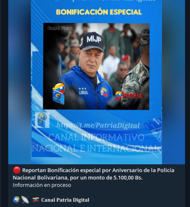 Este bono especial va dirigido a los miembros de la Policía Nacional Bolivariana. Foto: Canal Patria Digital/ Telegram