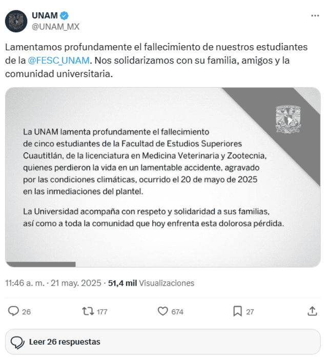 UNAM lamentó el fallecimiento de cinco de sus estudiantes. | X | @UNAM_MX UNAM lamentó el fallecimiento de cinco de sus estudiantes. | X | @UNAM_MX