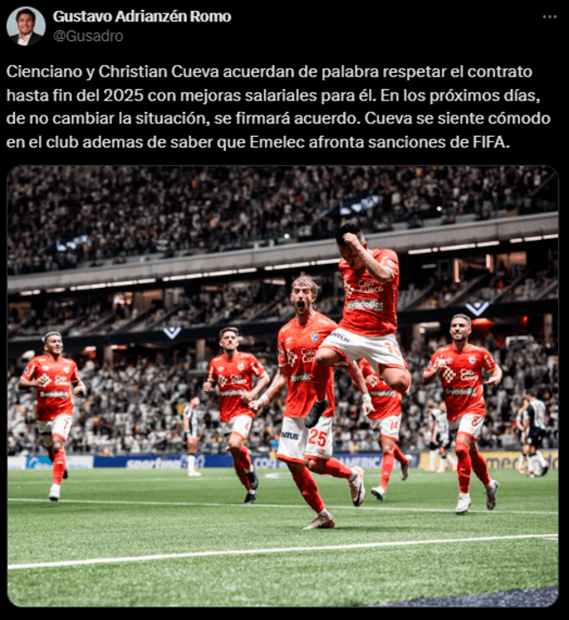 Christian Cueva decidió seguir en Cienciano pese a oferta del extranjero. Foto: captura de Twitter/Gustavo Adrianzén Christian Cueva decidió seguir en Cienciano pese a oferta del extranjero. Foto: captura de Twitter/Gustavo Adrianzén