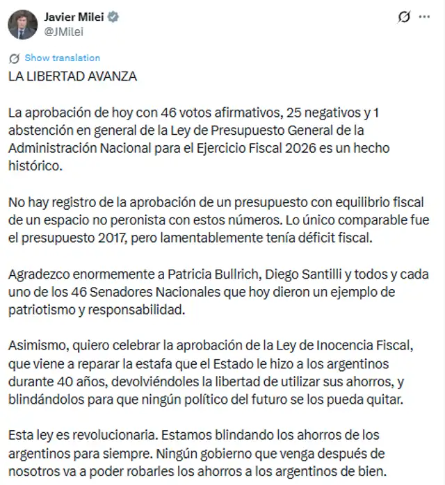  Milei celebra aprobación de Presupuesto 2026. Foto: @JMilei/X<br>    