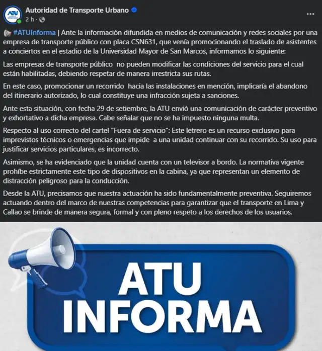 Comunicado de la ATU sobre 'Army Bus' y concierto de BTS en Estadio San Marcos.