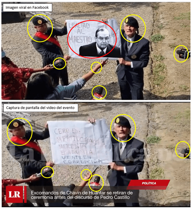 Comparación entre imagen viral en Facebook sobre supuesto homenaje a Vladimiro Montesinos (arriba) y la transmisión en vivo de la ceremonia (abajo). Fuente: Composición LR, Facebook, LR.