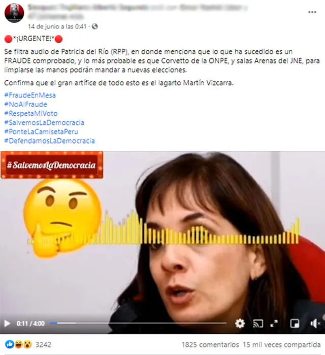 Según un post viral, Patricia del Río dijo en un audio que hay un “fraude comprobado” en las elecciones. Foto: captura en Facebook.