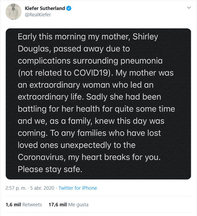 La sentida publicación de Kiefer Sutherland en Twitter.