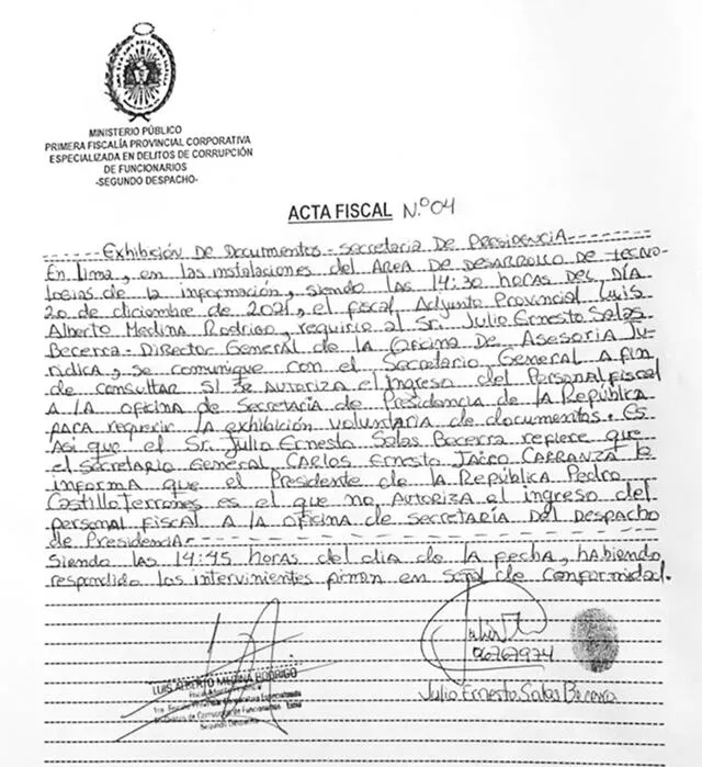 Acta fiscal que detalla negativa de Pedro Castillo