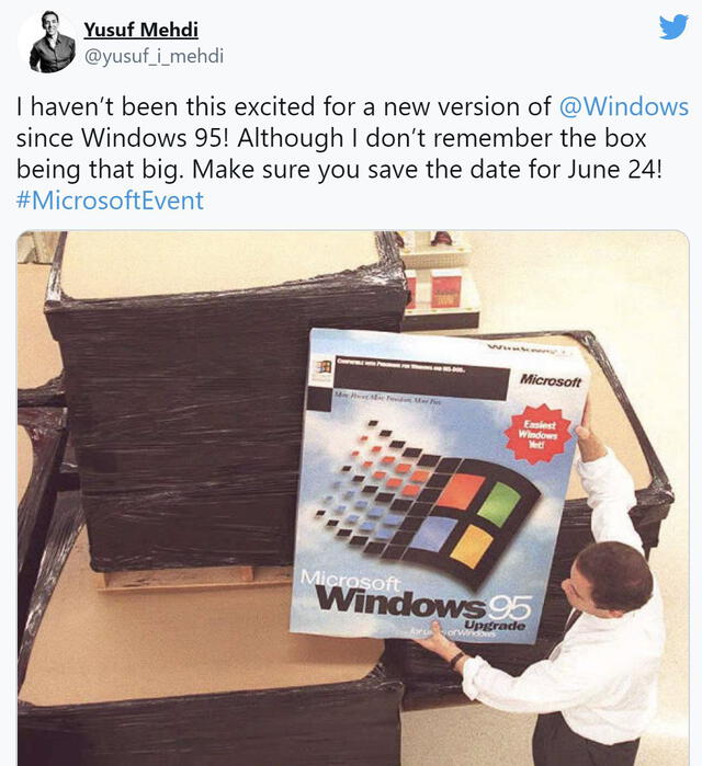 Yusuf Mehdi: "No he estado tan emocionado por una nueva versión de Windows desde el lanzamiento de Windows 95". Foto: Twitter