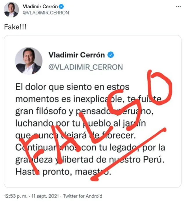 Cerrón califica como falso a la publicación. Foto: captura en Twitter / Vladimir Cerrón.