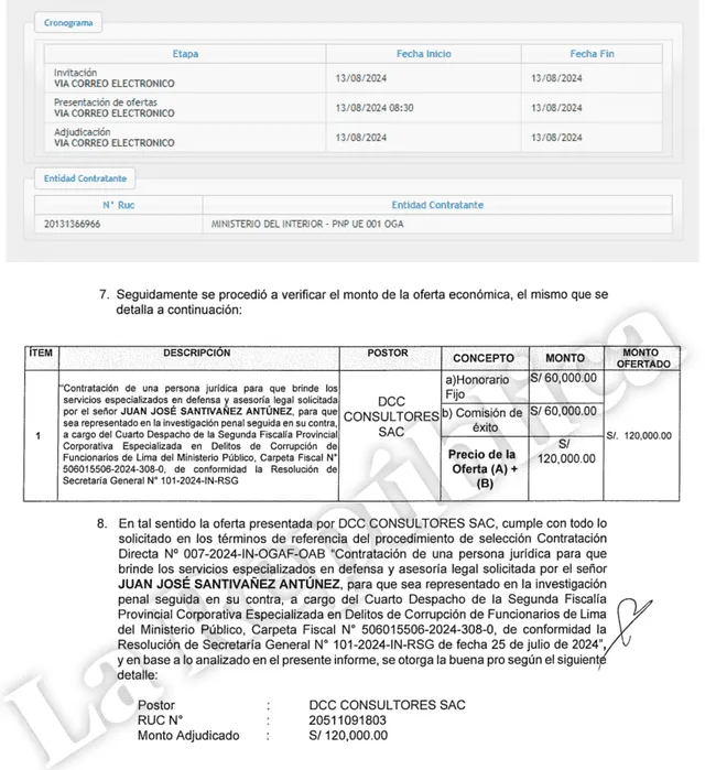  Proceso de adjudicación de la defensa legal del ministro Santiváñez. | Foto: La República.   