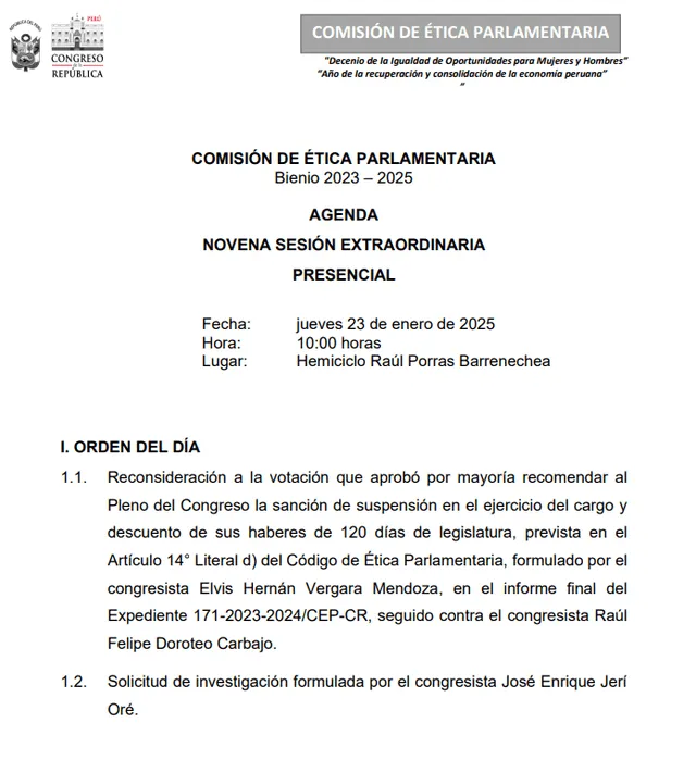  Agenda del día de la Comisión de Ética del Congreso. 