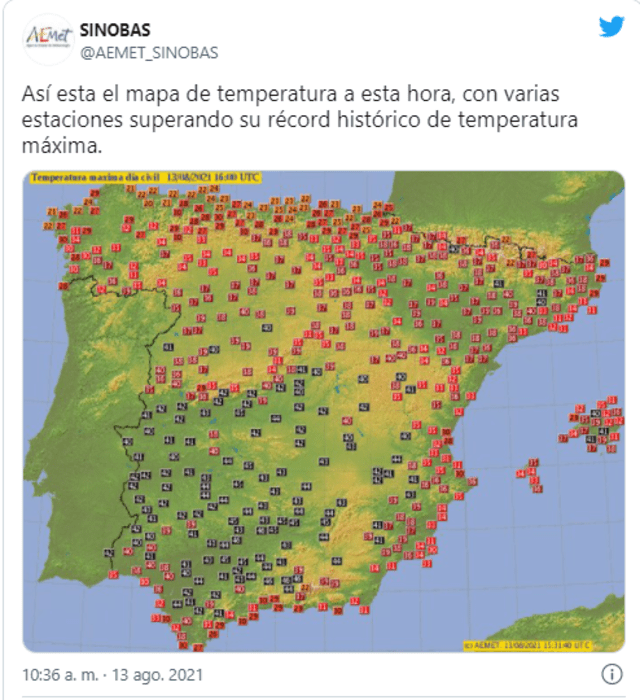 Mapa de temperatura Aemet. Foto: Twitter/Aemet