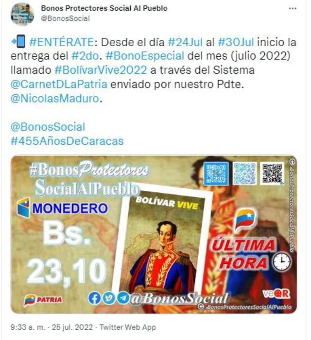 Bono Bolívar Vive se entregará desde el 24 hasta el 31 de julio de 2022 a través del Sistema Patria. Foto: captura Twitter