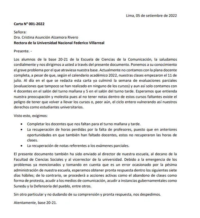Carta al rectorado de la UNFV. Foto: UNFV
