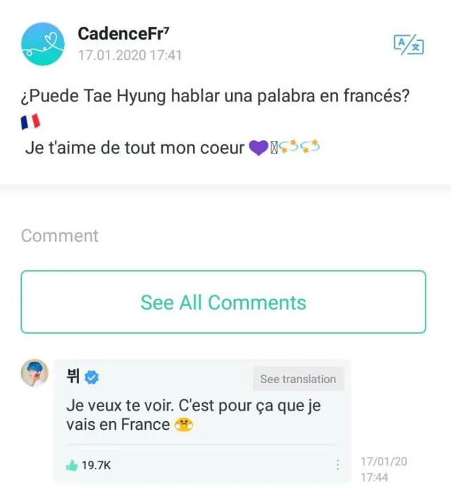 Taehyung responde en francés a sus fans de Weverse.