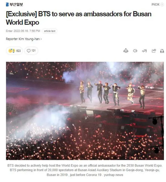 BTS acepta ser promotores de evento internacional en Busan. Foto: Naver