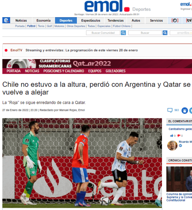 Titular de Emol tras derrota de Chile. Foto: captura