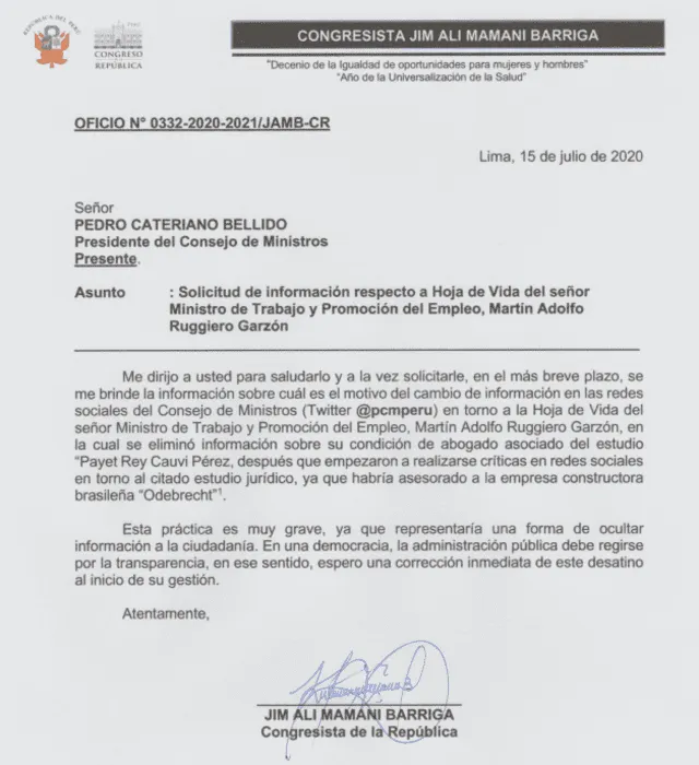 Solicitud de Jim Ali Mamani a Pedro Cateriano.