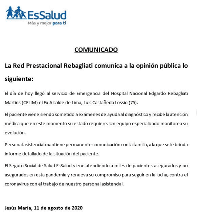 Comunicado de EsSalud sobre el internamiento del exalcalde Luis Castañeda Lossio.