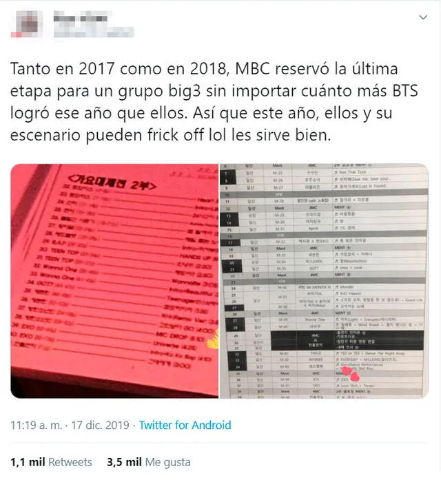 ARMY reclamó por la alineación de los MBC Gayo Daejejeon  2018, donde la actuación final no fue reservada para BTS. Captura Twitter.