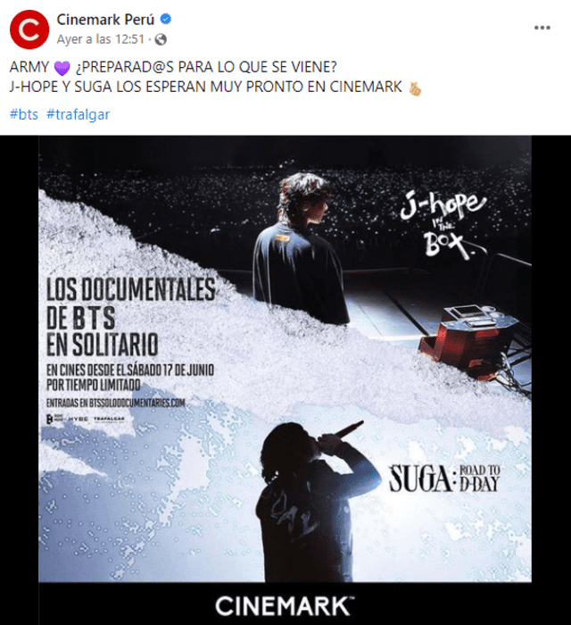  Cinemark confirmó proyección de los documentales de Suga y J-Hope. Foto: captura Facebook   