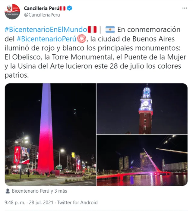 La capital argentina se iluminó de rojo y blanco en el marco del bicentenario del Perú. Foto: captura de Twitter/@CancilleriaPeru