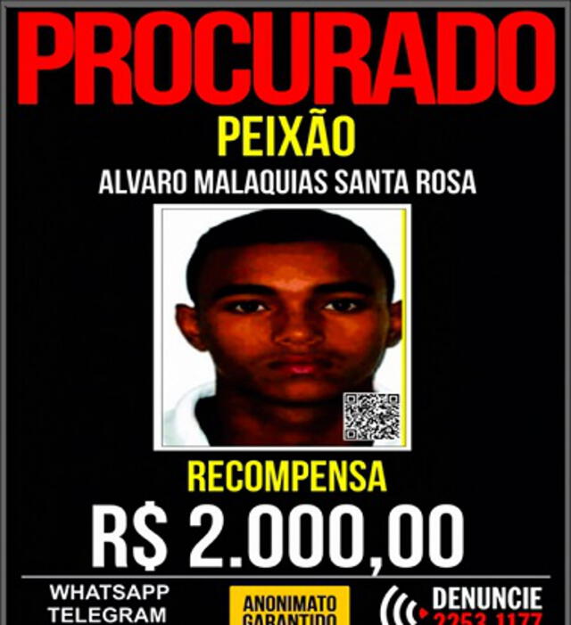 Las autoridades en Brasil ofrecen una recompensa de 2.000 reales (500 dólares) por Álvaro Malaquias Santa Rosa, líder del TCP. Foto: difusión