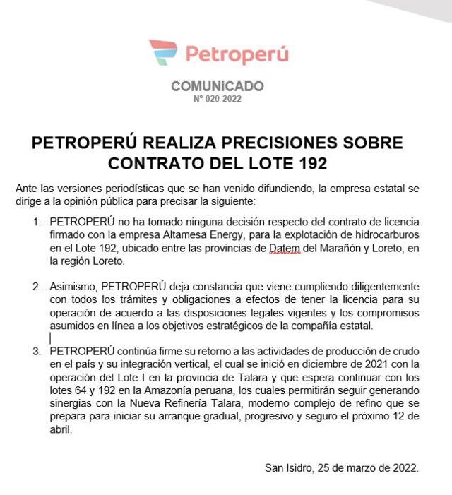 Comunicado de Petroperú del 25 de marzo. Foto: captura Petroperú