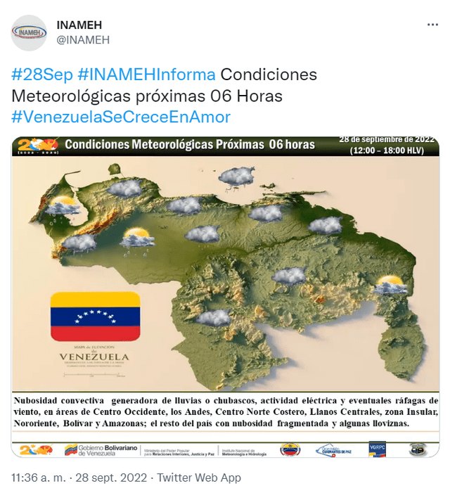 Pronóstico en Venezuela. Foto: captura Twitter/ @INAMEH