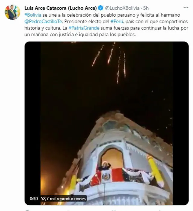 El presidente boliviano felicitó a Pedro Castillo a través de Twitter. Foto: captura Twitter
