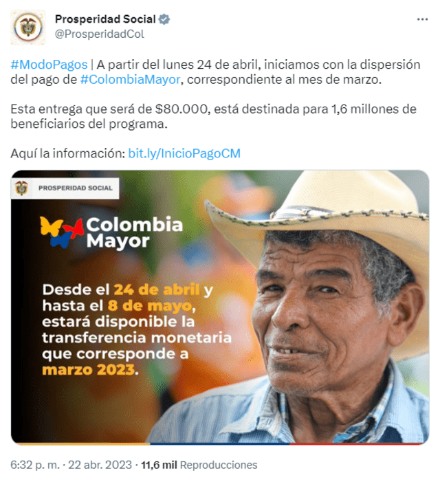 Prosperidad Social anunció que el inicio del pago de Colombia Mayor 2023 será el lunes 24 de abril. Foto: Twitter/Prosperidad Social.