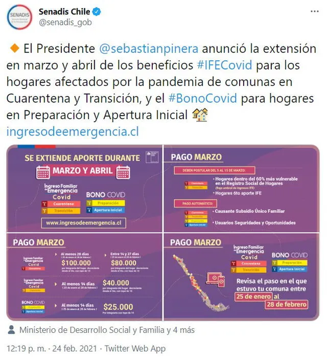 Al mediodía de este miércoles 24 de febrero Piñera anunció la extensión del Ingreso Familiar de Emergencia y del Bono COVID en Chile. Foto: captura de Twitter