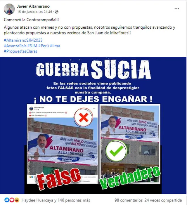 Javier Altamirano desmiente la imagen del cartel que muestra la frase “más vale malo conocido, que bueno por conocer”. Foto: captura en Facebook / Javier Altamirano.