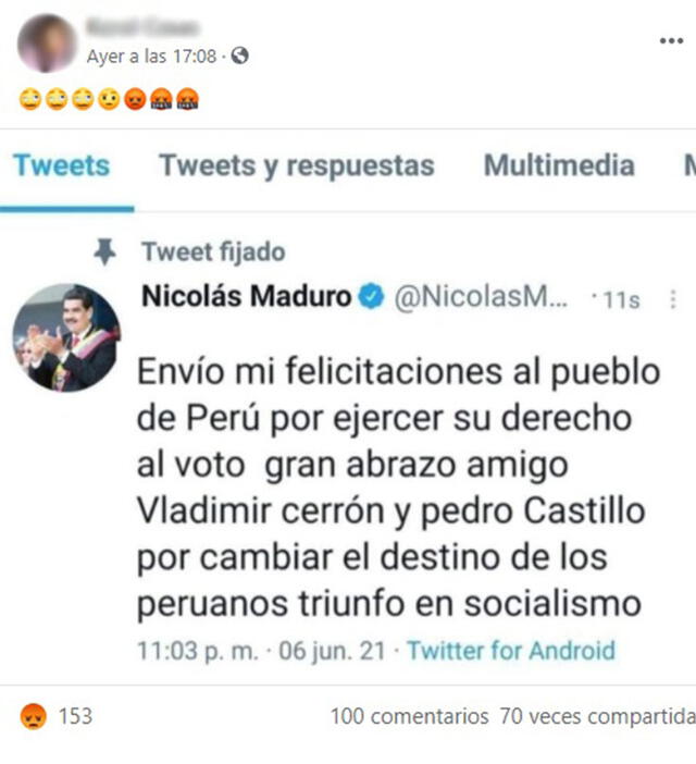 Usuarios publican un presunto tuit de Nicolás Maduro en el que este felicita a Pedro Castillo y Vladimir Cerrón tras el proceso electoral. Foto: captura en Facebook.