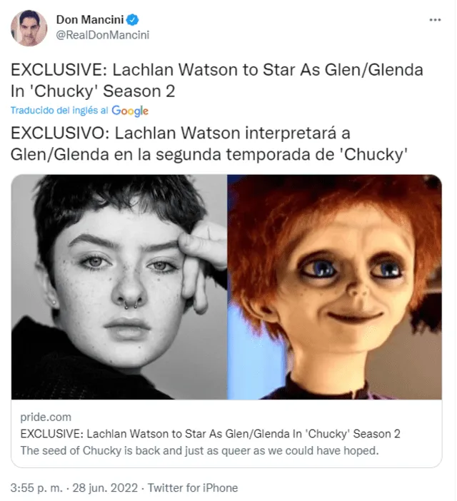 Don Mancini confirma a Lachian Watson como Glen/Glenda, Chucky 2