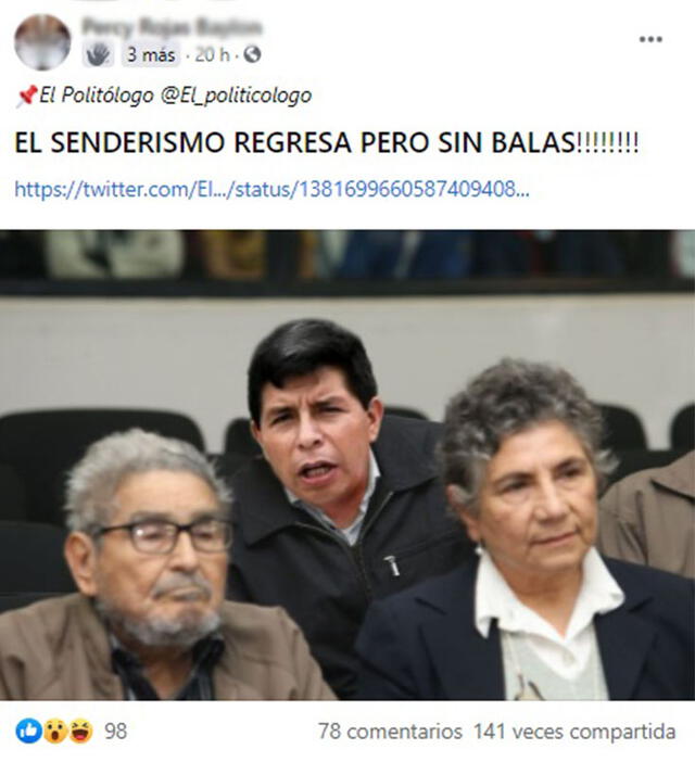 Un usuario publica una foto en el cual se ve a Pedro Castillo detrás de Abimael Guzmán y Elena Iparraguirre. Foto: captura en Facebook.
