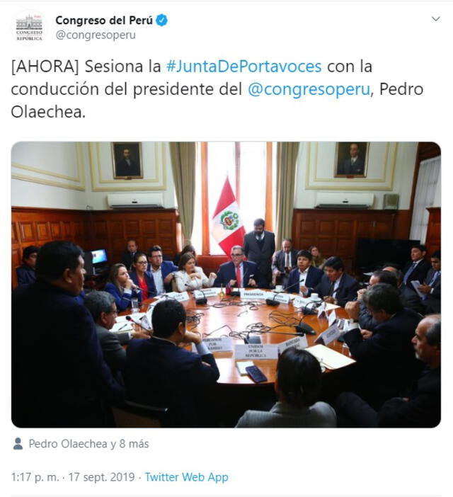 Junta de Portavoces encabezada por Pedro Olaechea, presidente del Congreso. Foto: Twitter del Congreso de la República.